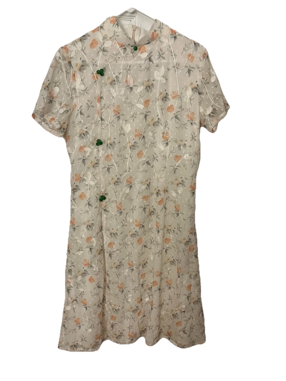 Classic Floral Short-Sleeve Cheongsam Dress - Cream with Peach Floral